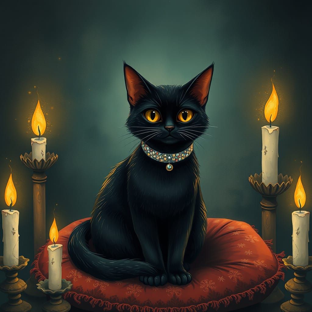 Black Cat on Velvet Cushion with Mystical Candles