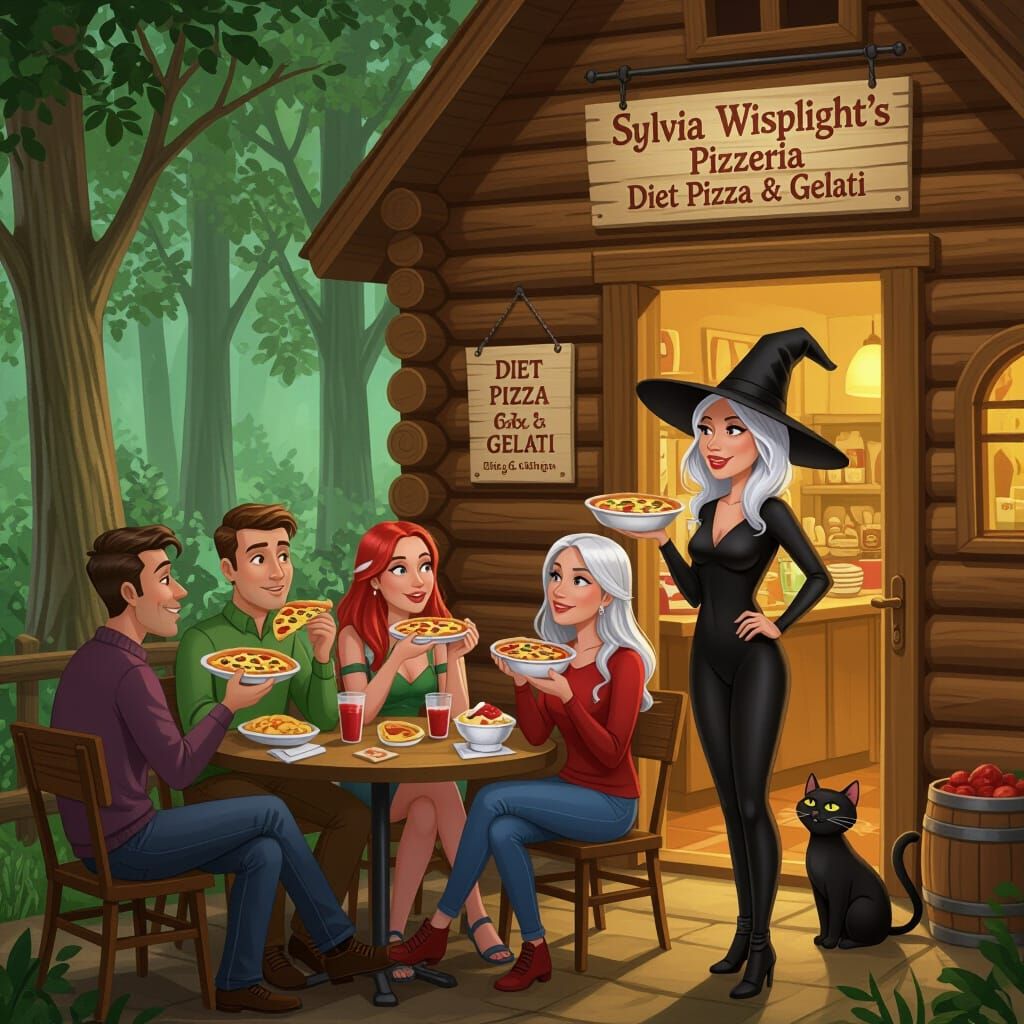 Fantasy Pizzeria Scene with Witch and Patrons
