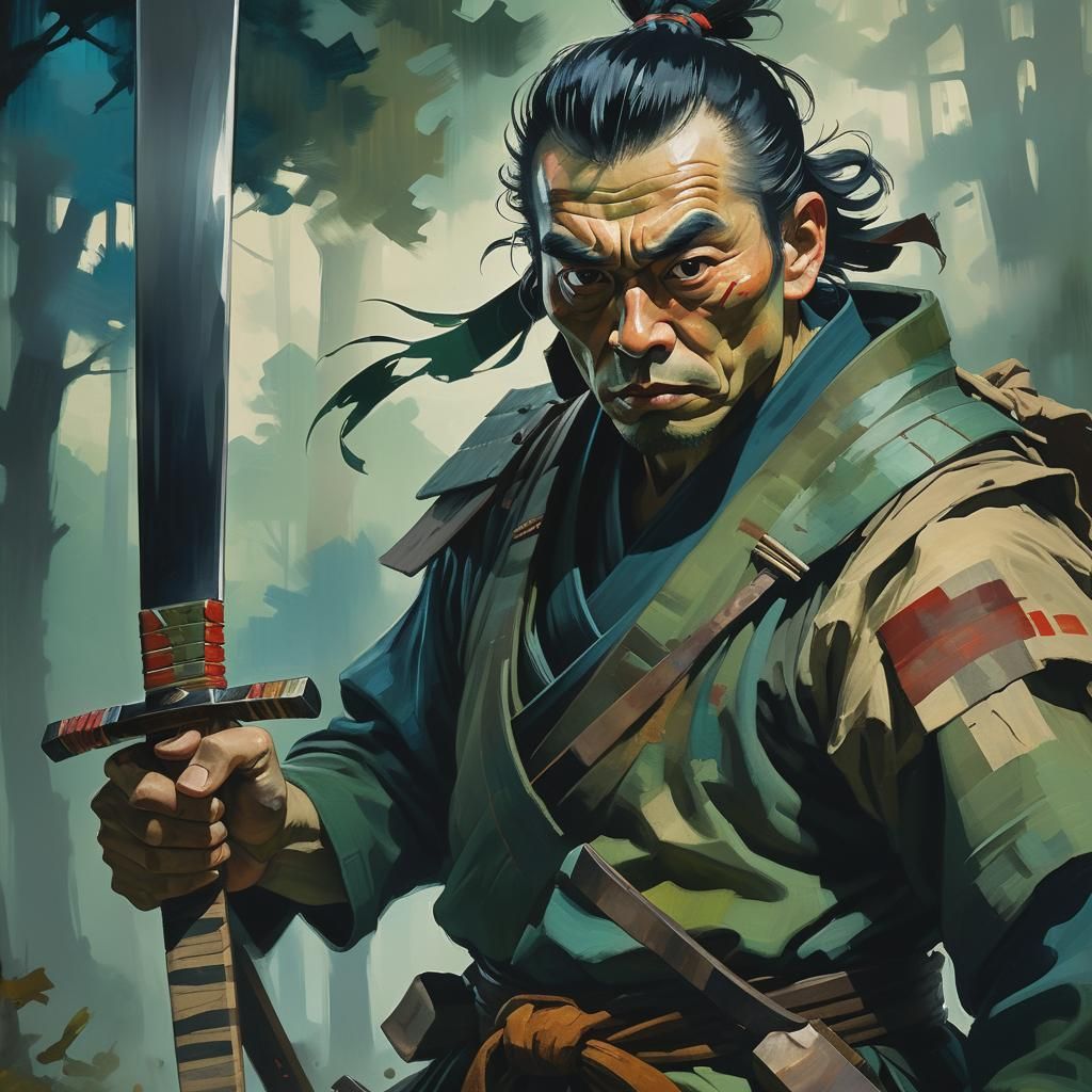 Samurai in Misty Forest: Expressionist Style