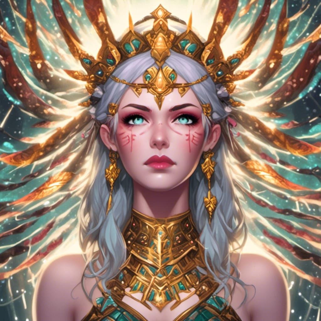 Regal Spanish Warrior Goddess with Peacock Feathers