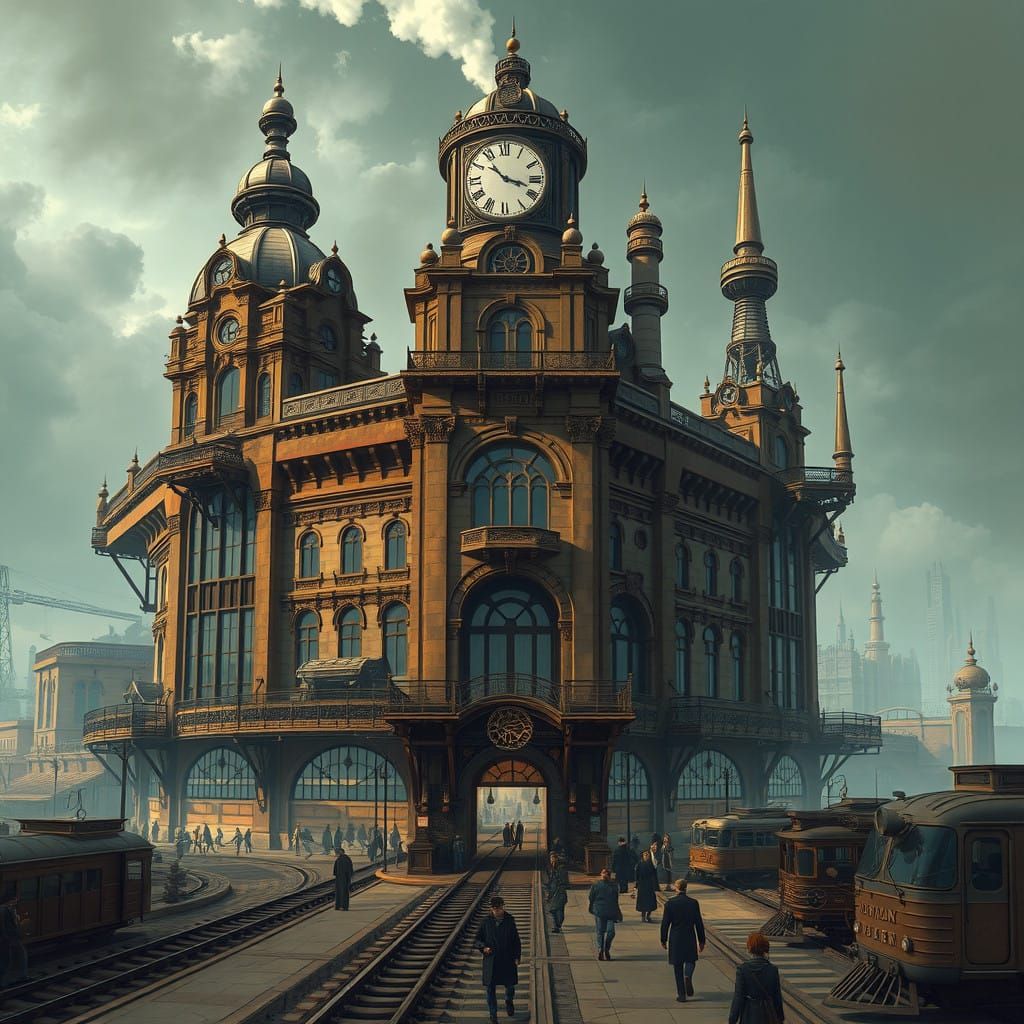 Steampunk Junction Terminal in a Fantasy Metropolis