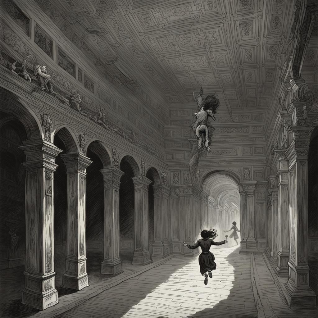 Woman Runs Through Inverted Hallway in Horror Style