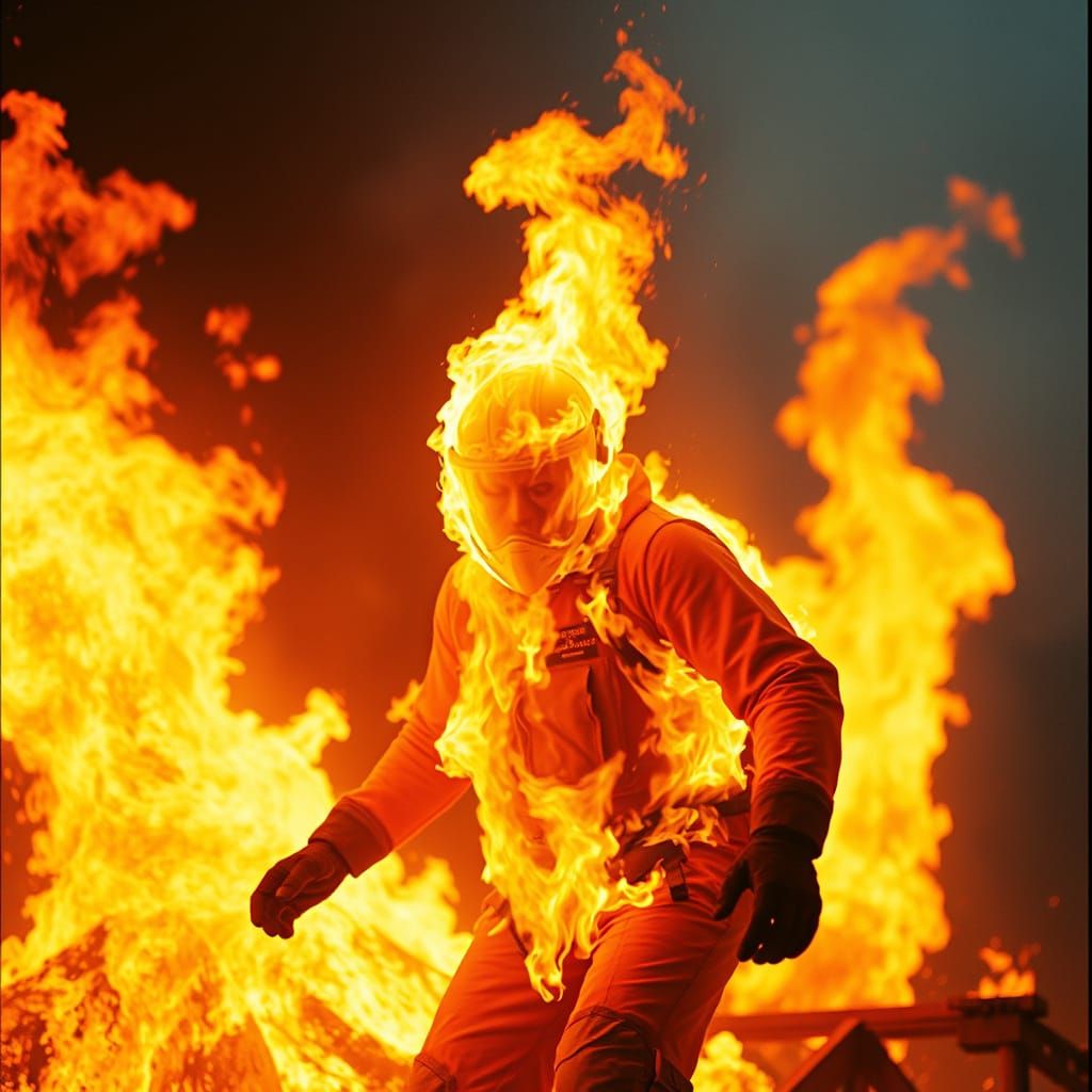 Person in Flames: Cinematic Film Still