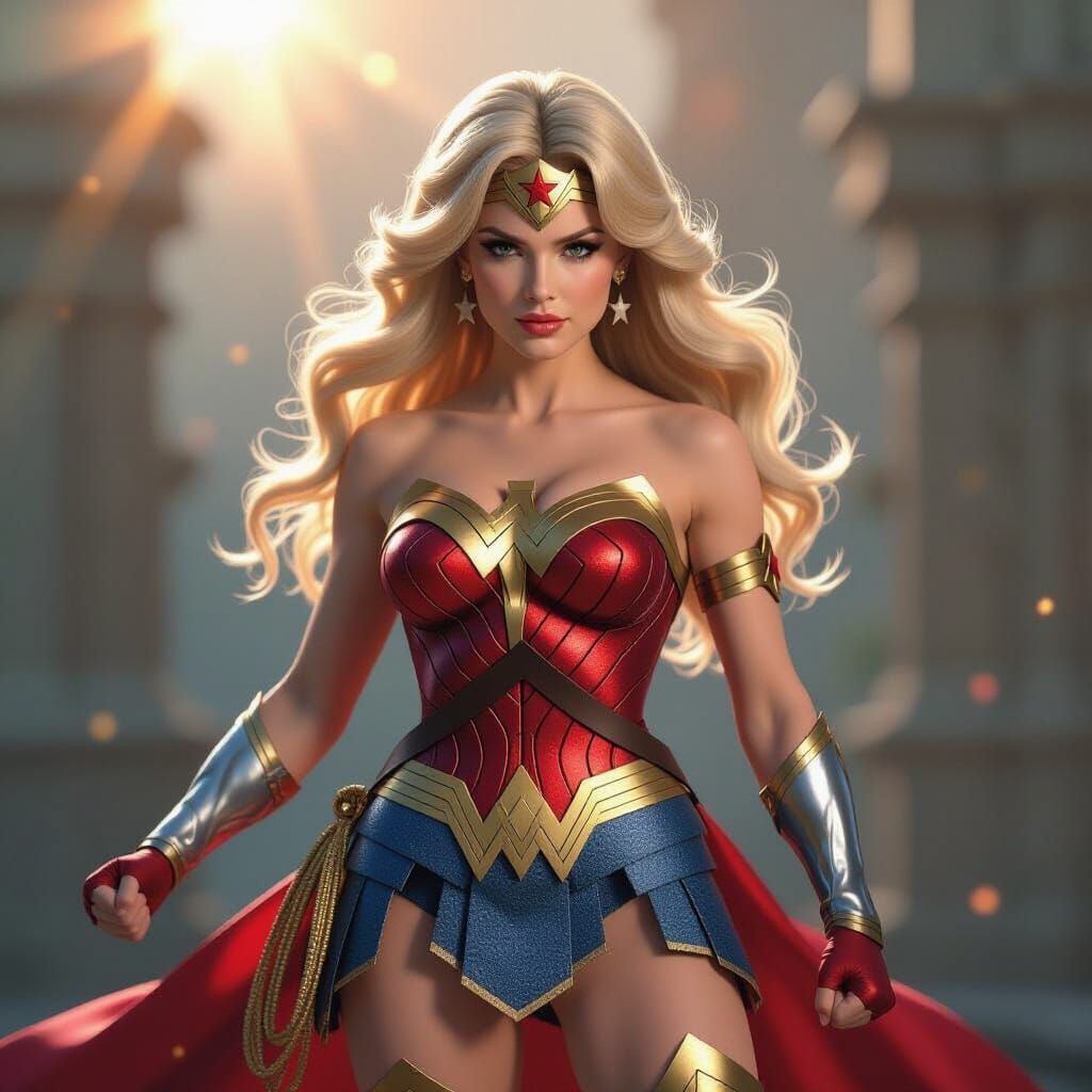 Princess Peach dressed as Wonder Woman, realistic photo, cin...