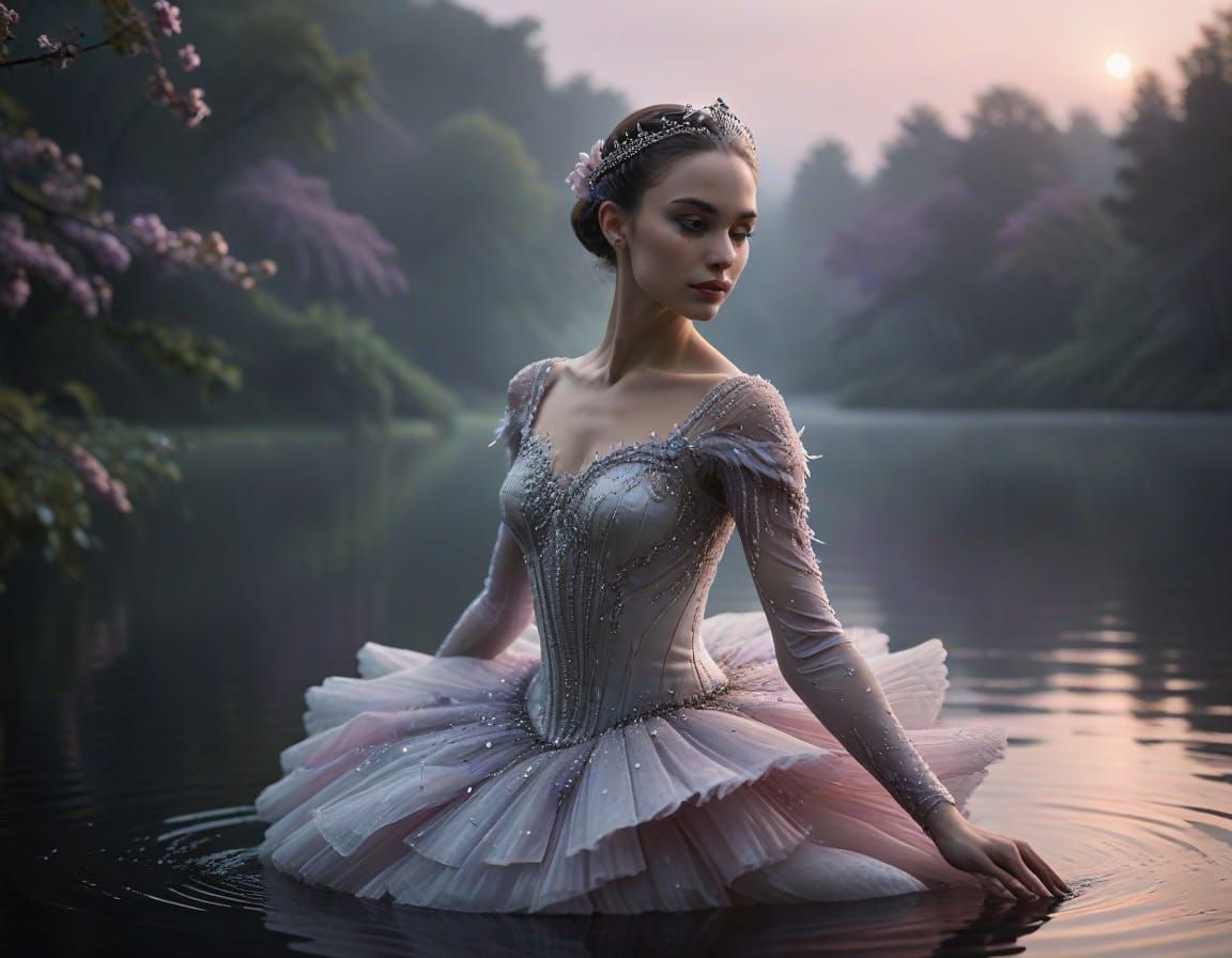 Ethereal Black Swan Dancer in Moonlit Lake