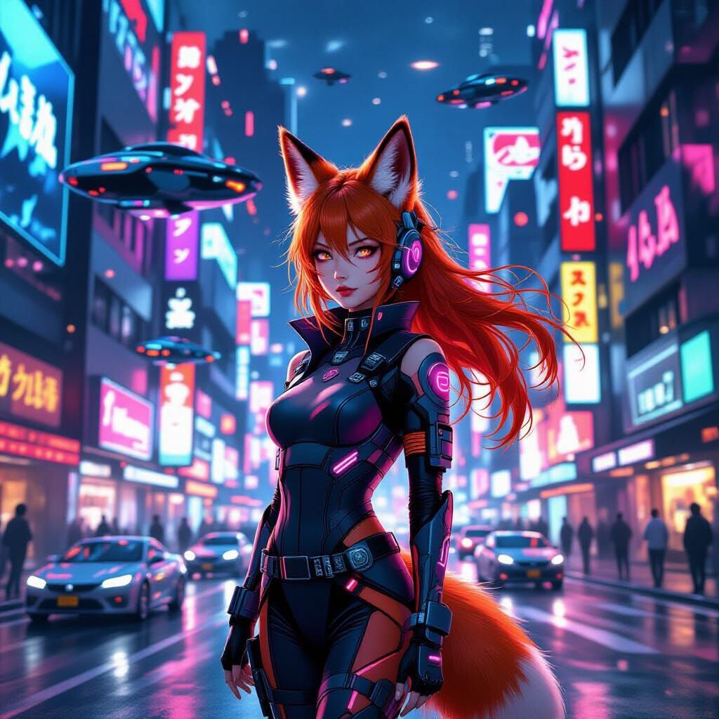 Cyberpunk Fox-Eared Woman in Neon Tokyo