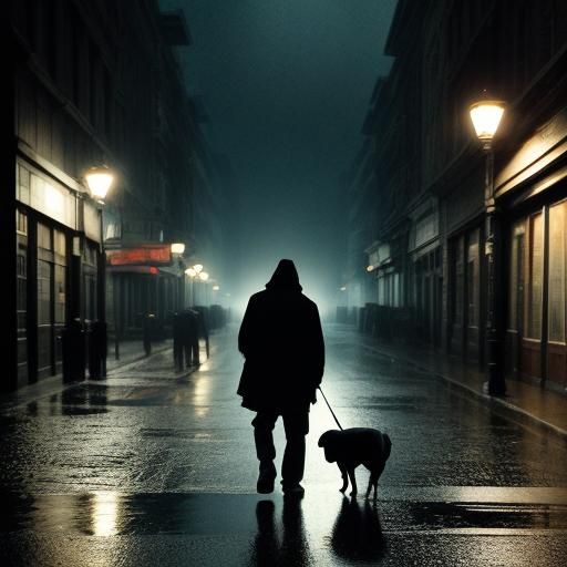 Homeless Man and Dog in Rainy City, Cinematic Style
