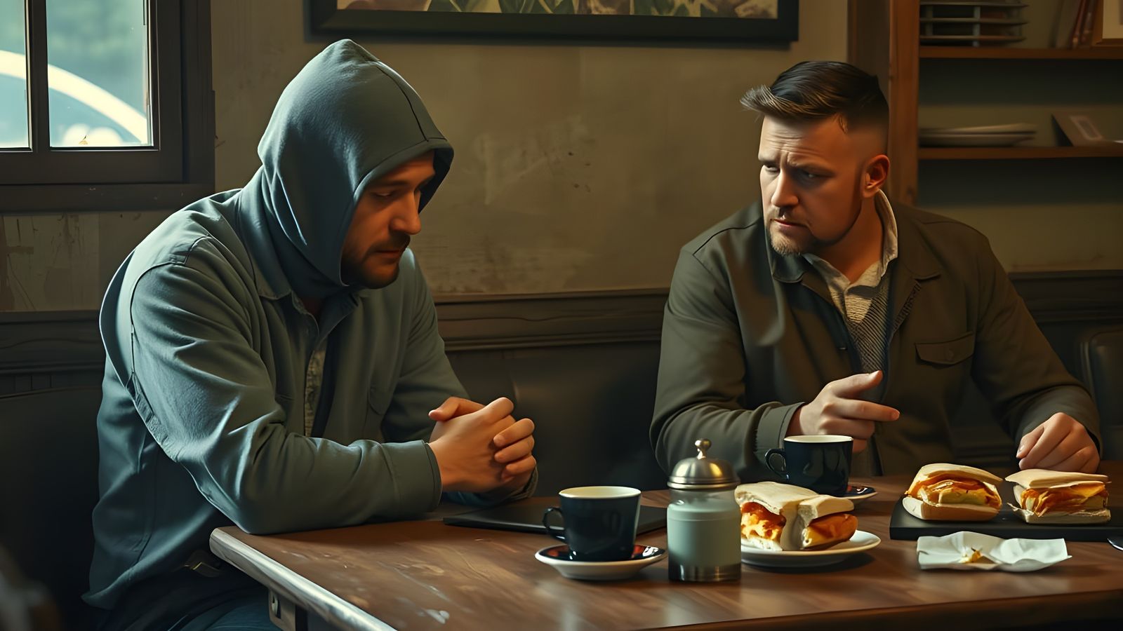 Two Men Share Lunch, One Distressed, The Other Concerned