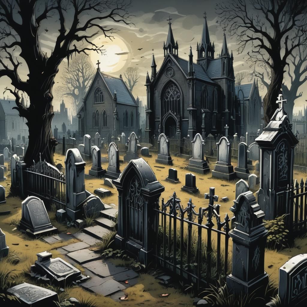 a melancholic Victoria era graveyard in a church yard, black...