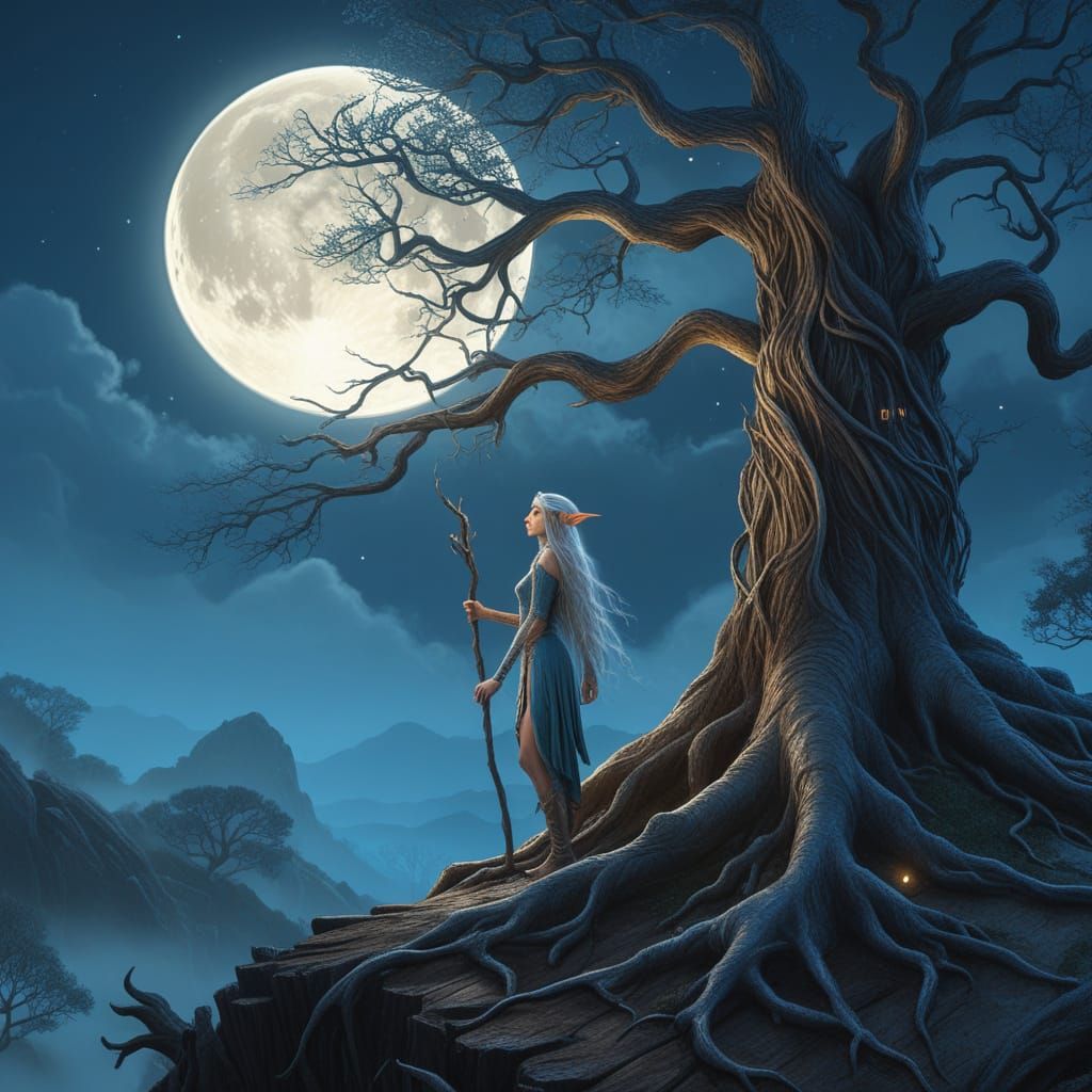 Giant Elf on Hill Under Silver Moon in Ethereal Mist