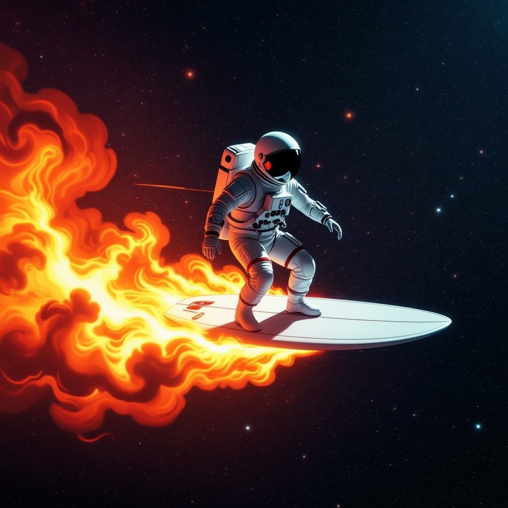 Astronaut Surfing Nebula on Fiery Chrome Board