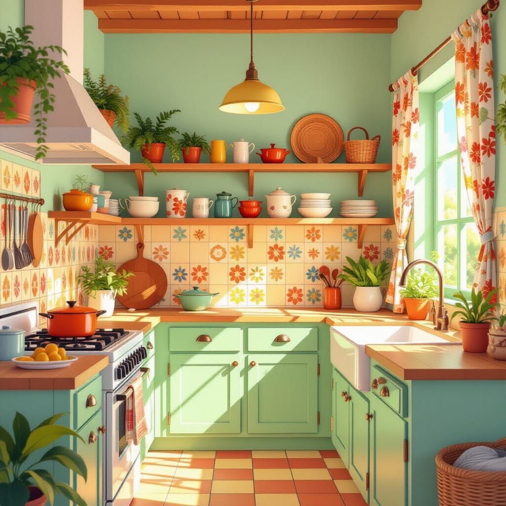 Sunlit Kitchen Interior Art Style Illustration