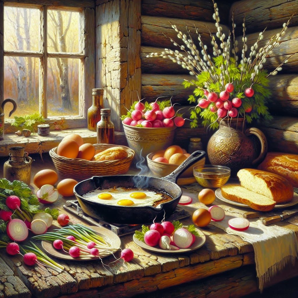 Rustic Kitchen Scene in Impressionistic Style