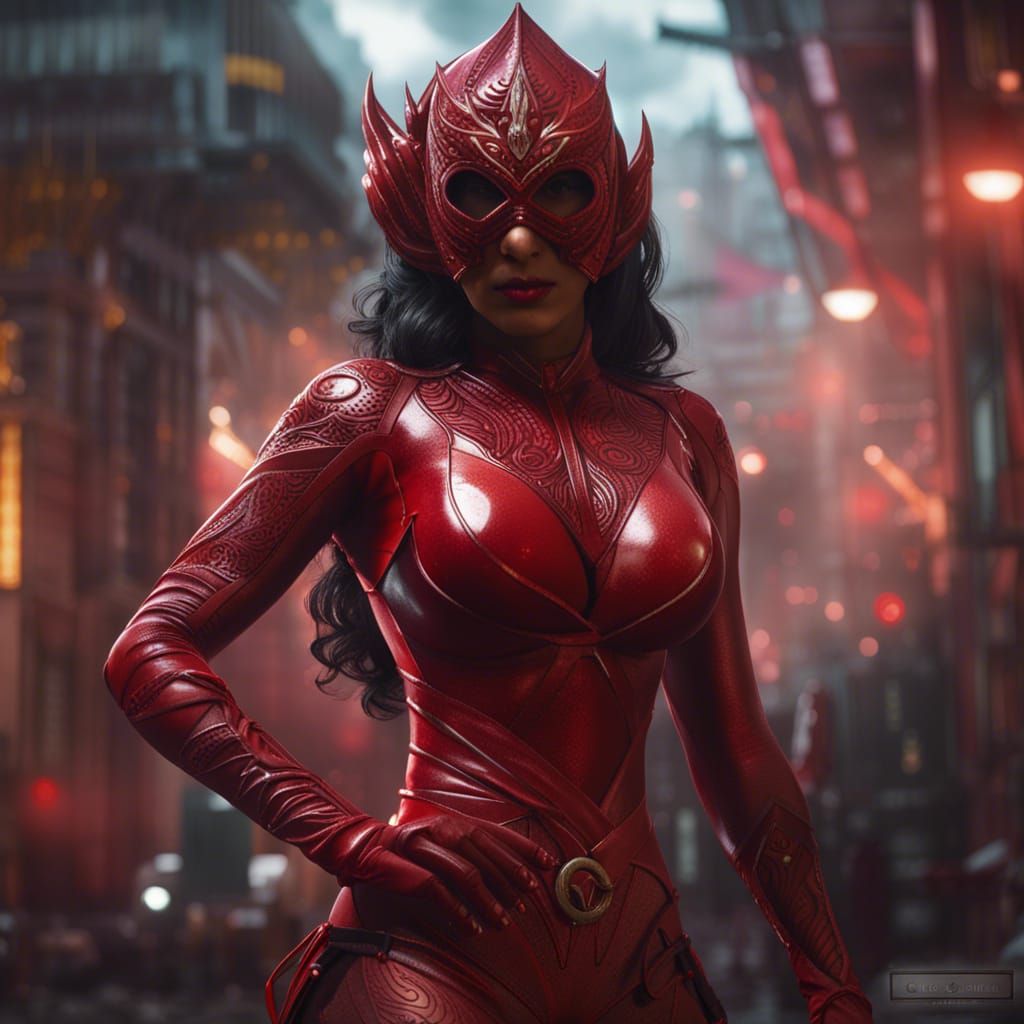 Indian Superheroine in Red Latex Suit, Digital Art