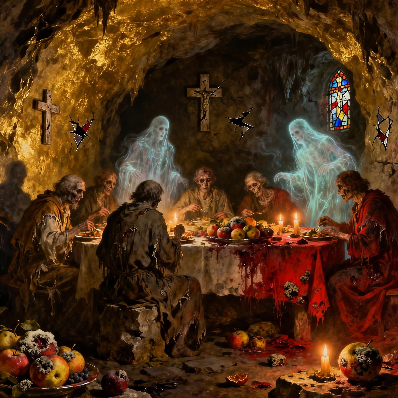 Ethereal Undead Feast in Goya-Inspired Oil Painting