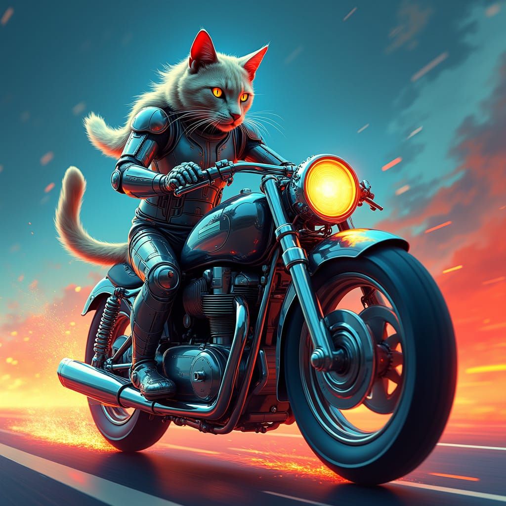 Futuristic Kampf Katze Rides Chrome-Plated Motorcycle