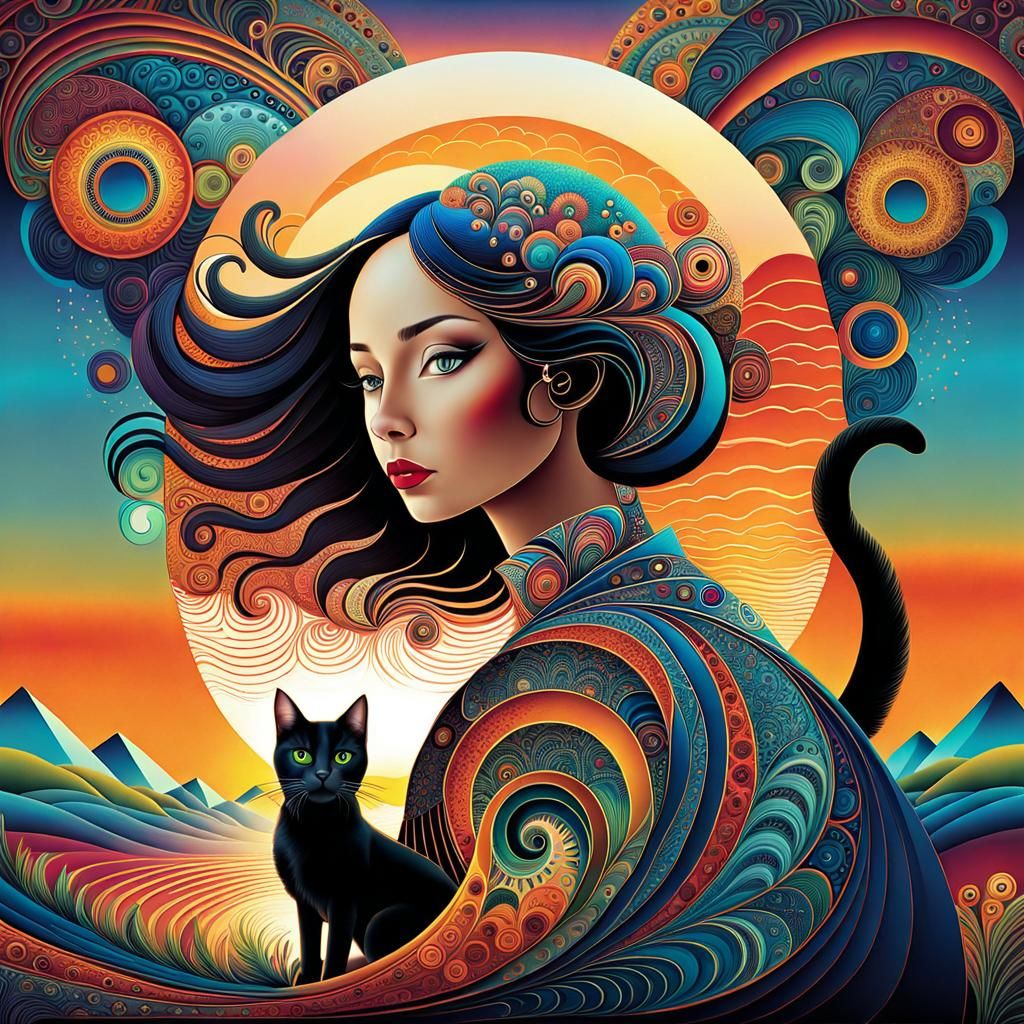 Sunset Dreamscape: Woman, Cat, Dog in Art Brut Style