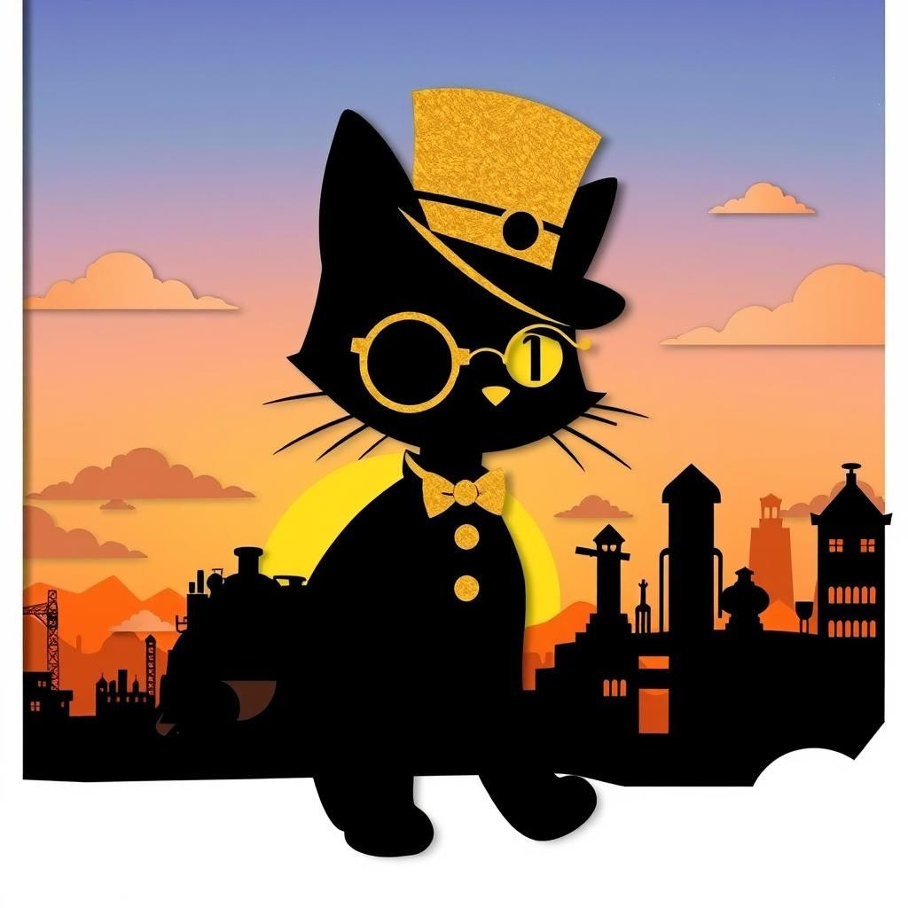 Steampunk Cat Silhouette in Golden Monocle
