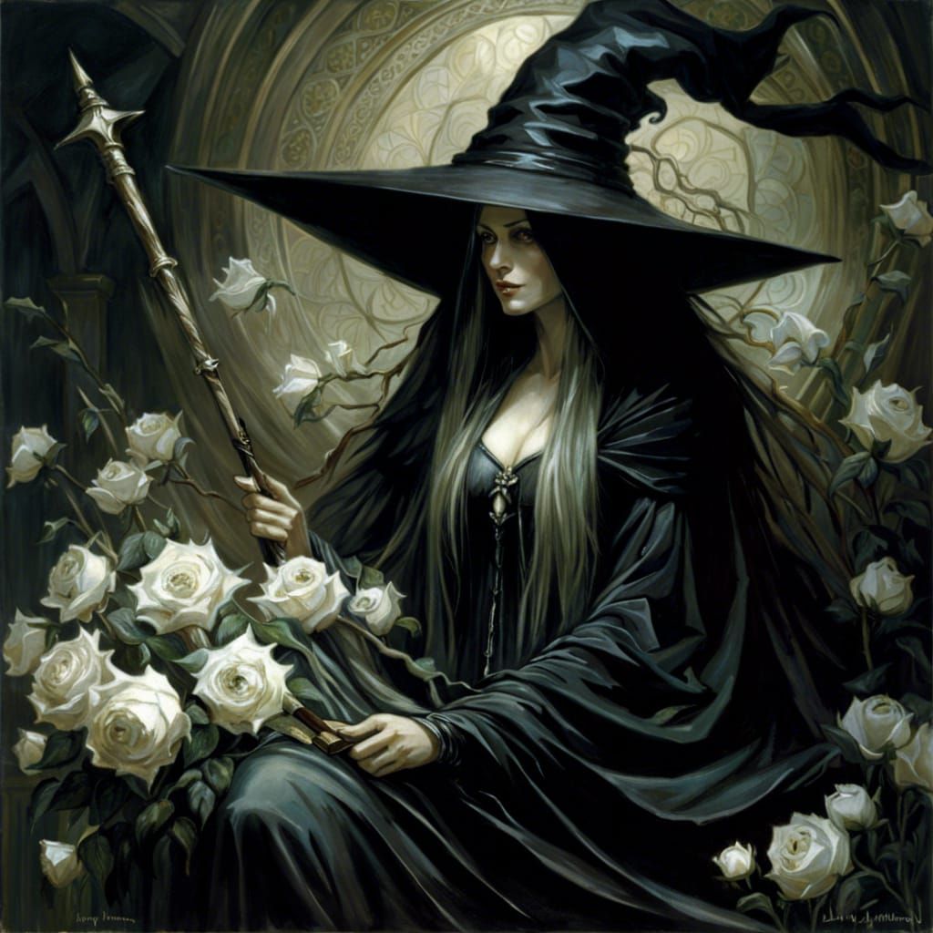 Gothic Dark Fantasy Witch in a Rose Garden