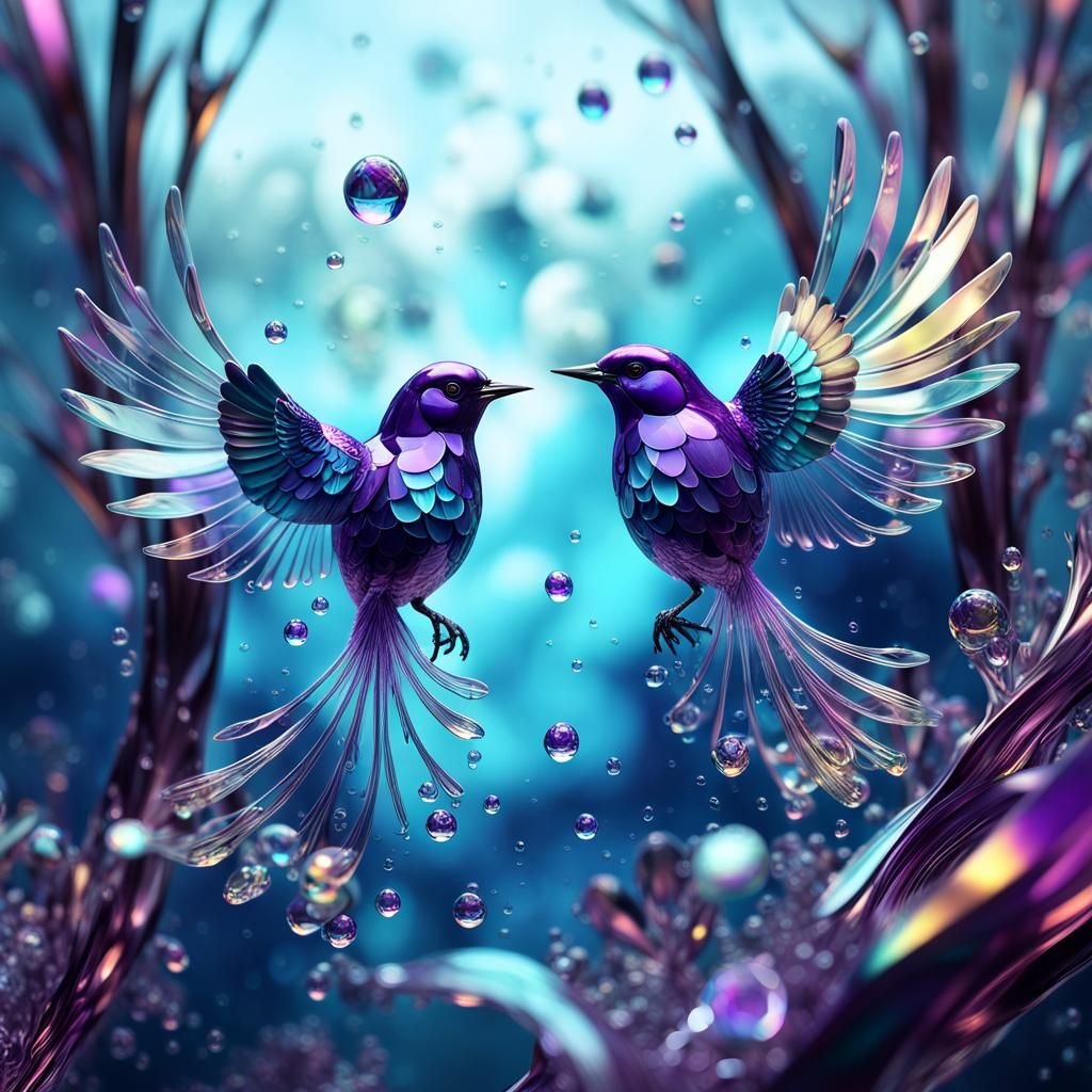 Surreal Glass Birds in Iridescent Dreamscape