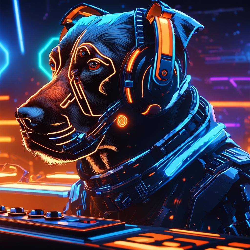 Robotic Rottweiler DJ in Neon Cyberpunk Club