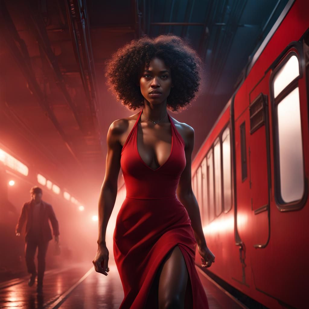Woman Chasing Burglar on Train: Detailed Matte Painting
