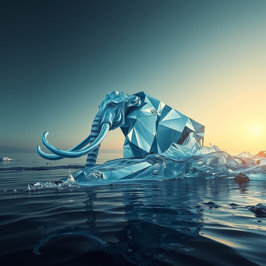 Photorealistic Water Mammoth in Cubist Space