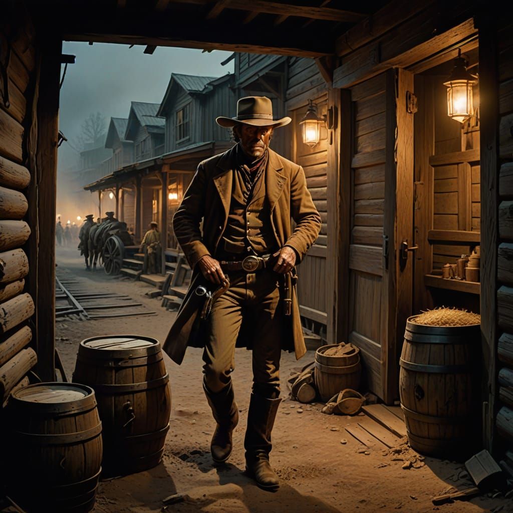 Grizzled Cowboy Leans on Saloon Door in Chiaroscuro