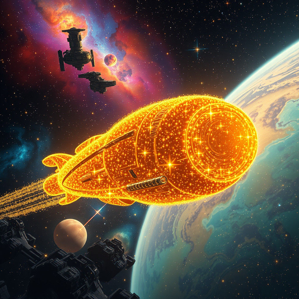 Luminous Spaceship Materializes from Golden Stardust