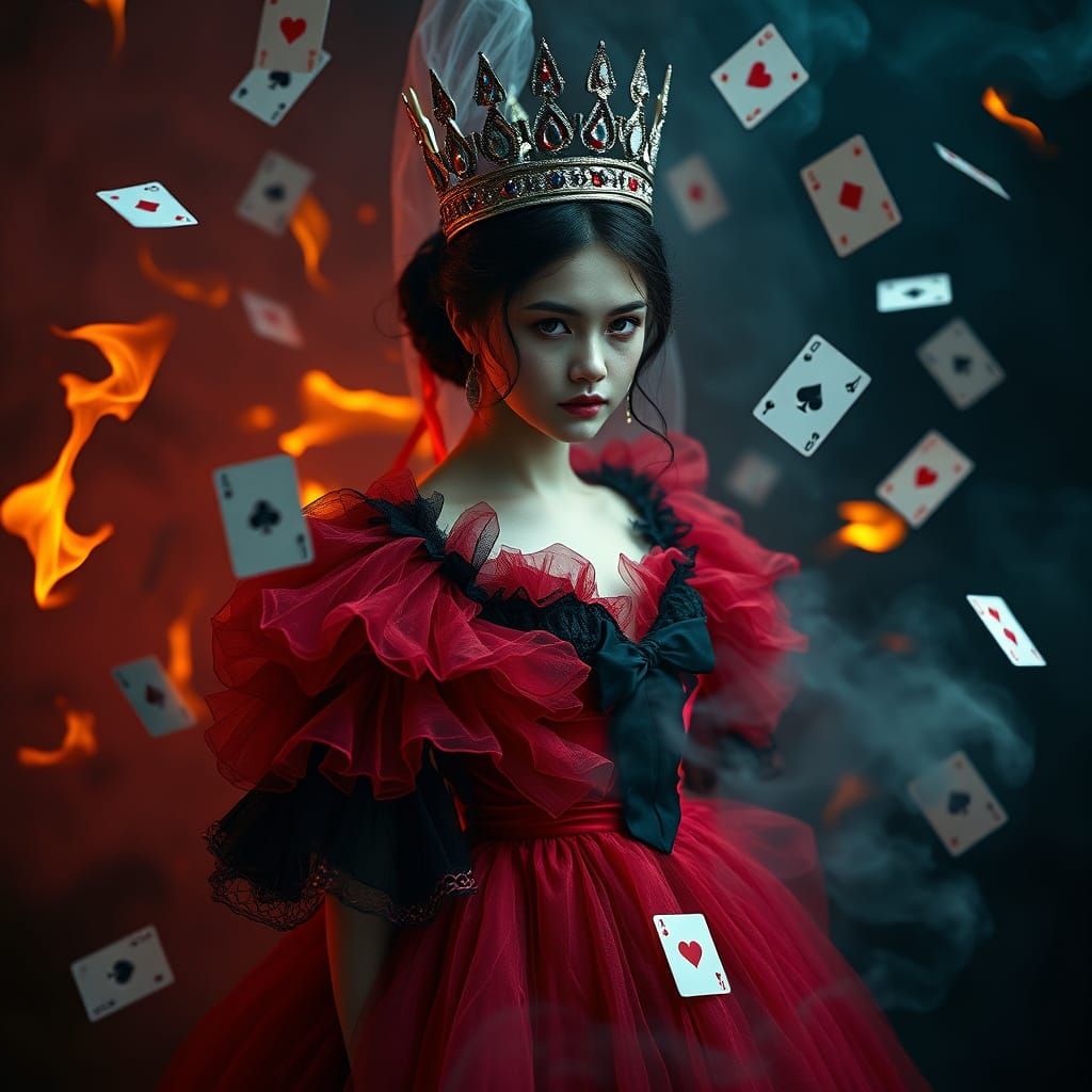 Ethereal Woman Enveloped by Flames and Cards