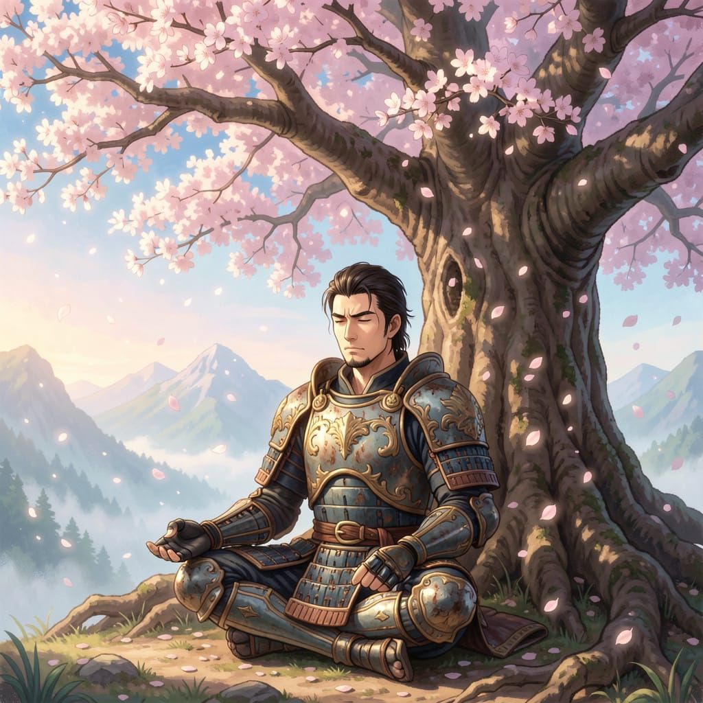 Samurai Meditating Under Cherry Blossom Tree