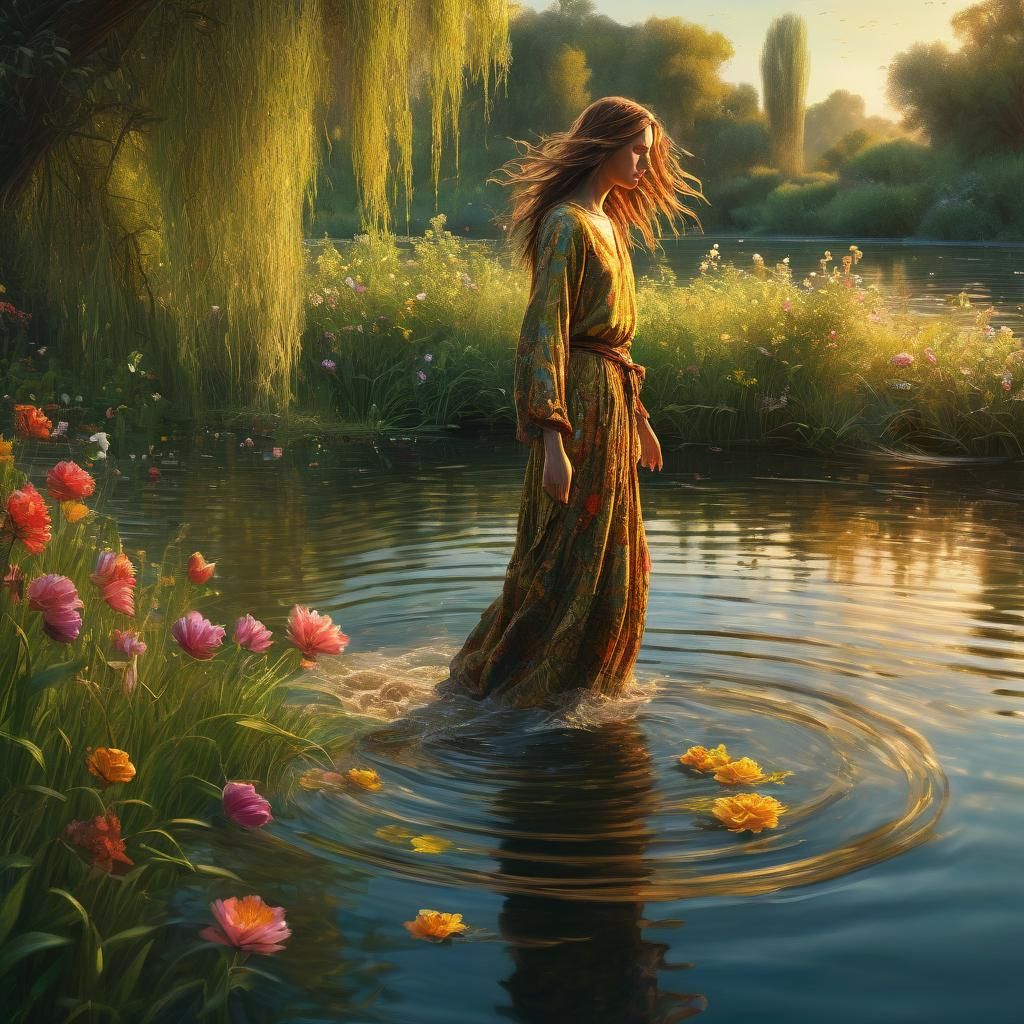 Willow Woman in Vibrant Oil Painting at Water's Edge
