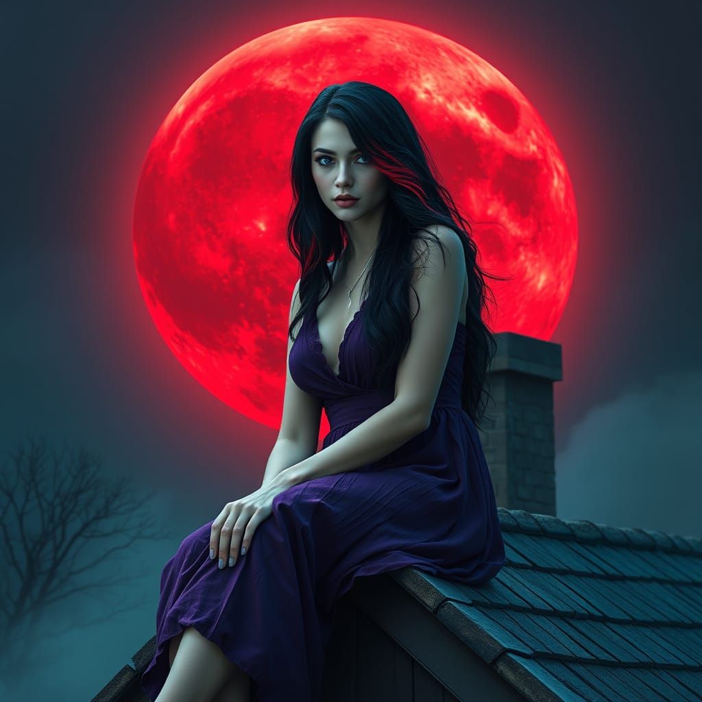 Woman on Roof with Red Moon: Digital Matte Painting
