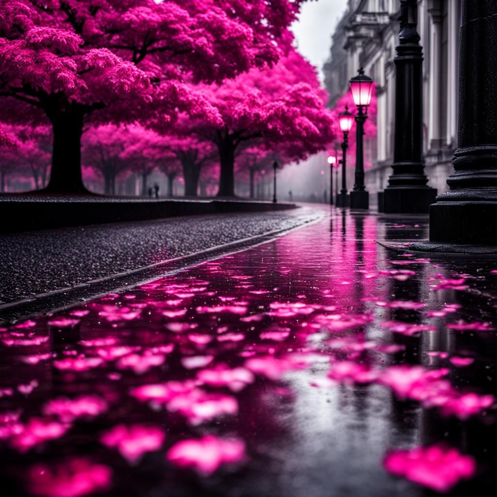 Pink Dreams: Hyperrealistic Rainy Day Scene