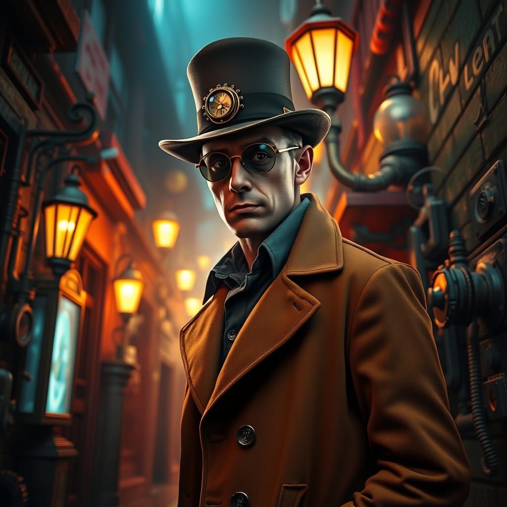 Steampunk Detective in Dim Alleyway: Hyperrealistic Digital ...