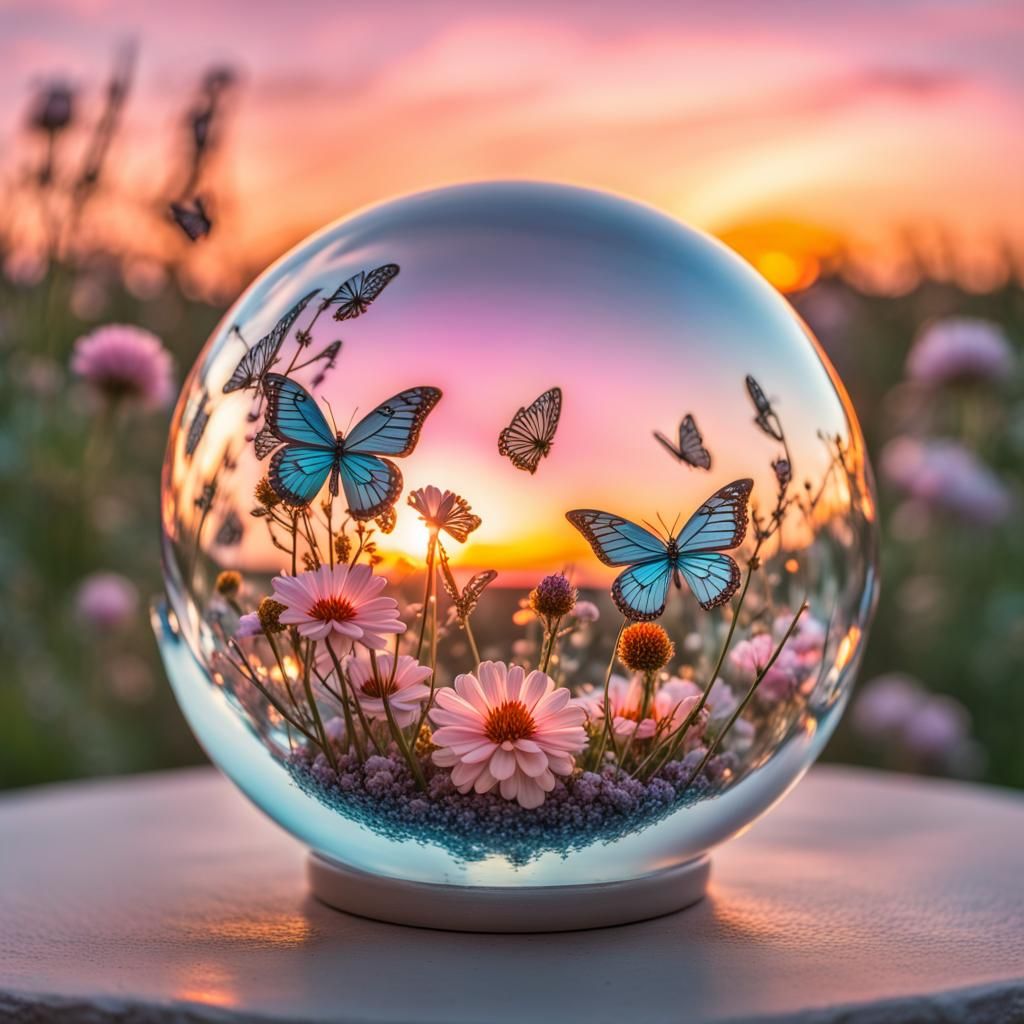 Glass Orb with Glitter Flowers and Butterflies