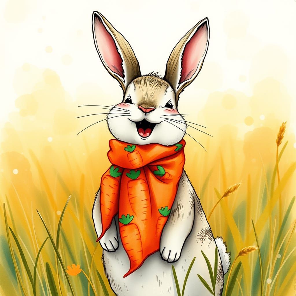 Joyful Bunny in Sunny Meadow, Watercolor Style