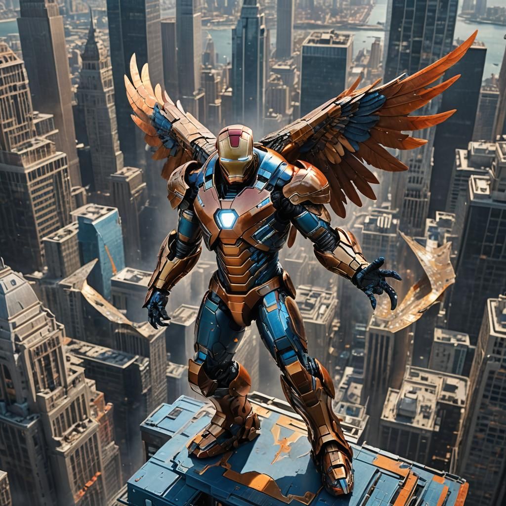 Eagle-Iron Man Hybrid on Skyscraper Rooftop