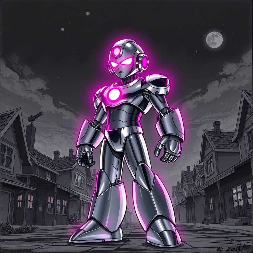 Gleaming Black and White Megaman Sentinel in Town Center