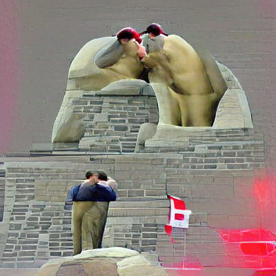Two Men Kissing in Front of Canadian Flag
