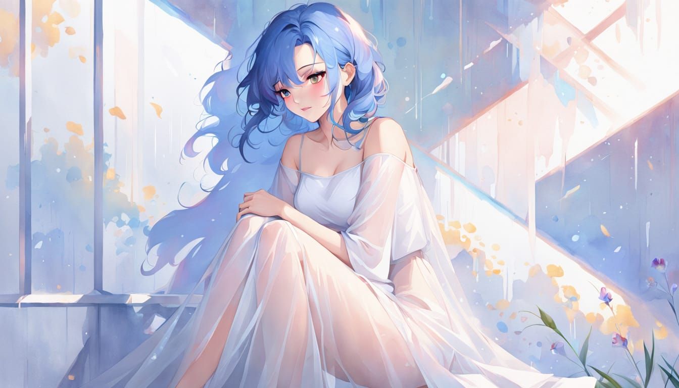 Blue-Haired Woman in Watercolor Art Nouveau Style