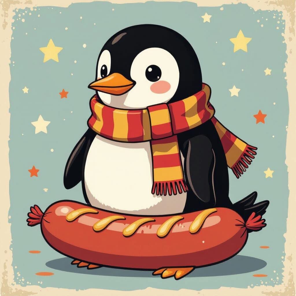 Penguin Sausage Character in Whimsical Illustration Style