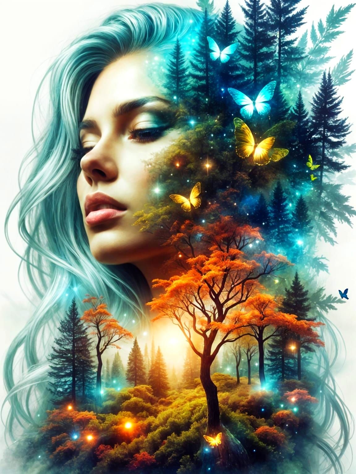 Double Exposure Portrait of Woman with Landscape