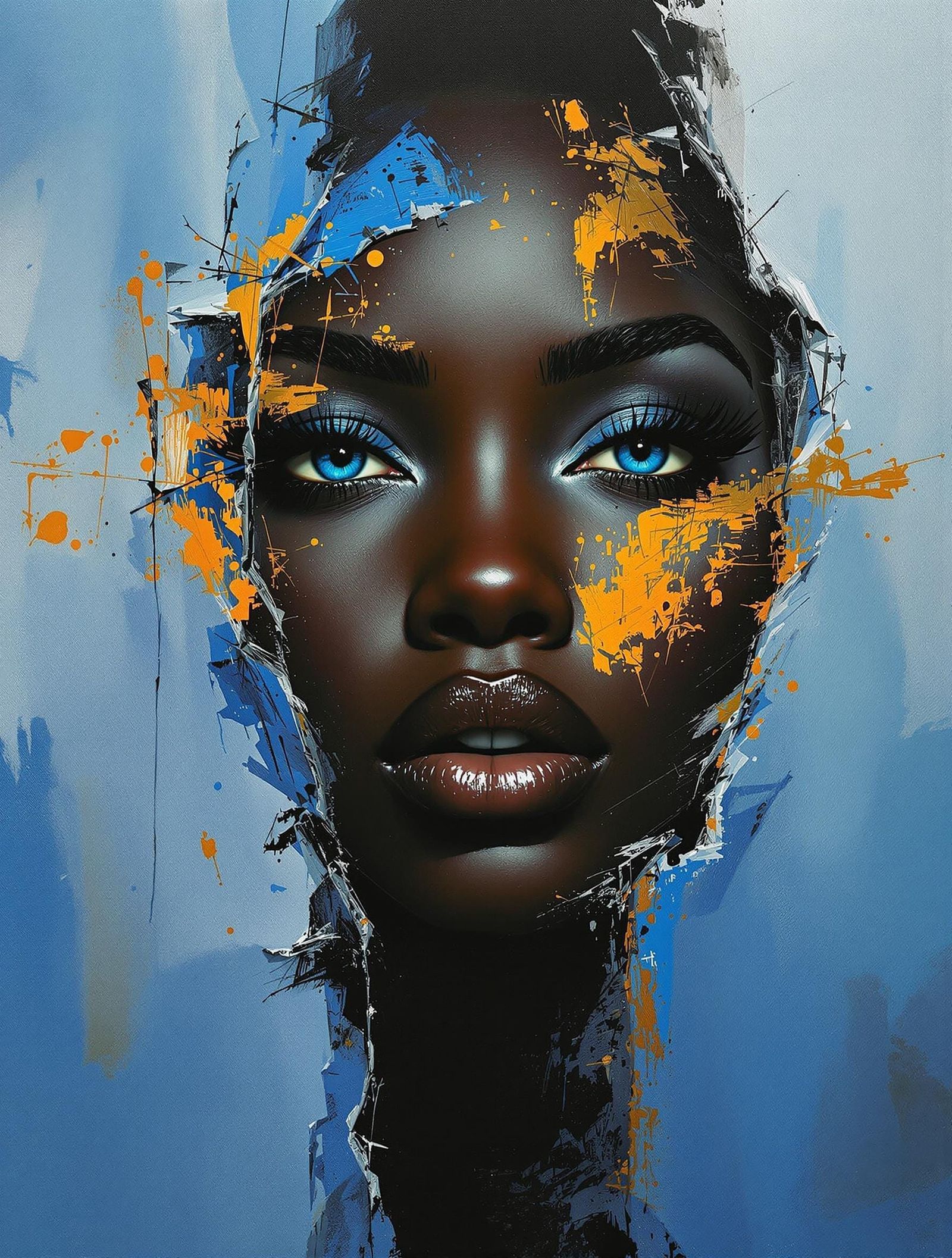A black woman's face emerges from a distressed, blue and whi...
