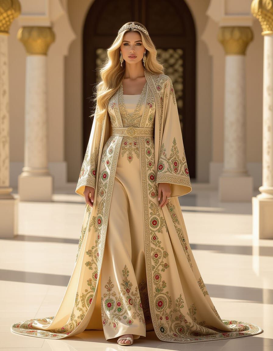 Regal Woman in Opulent Abaya: Cinematic Fashion