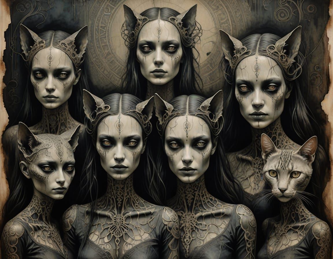 Ethereal Gothic Surrealism Scene with Enigmatic Girls and Ca...