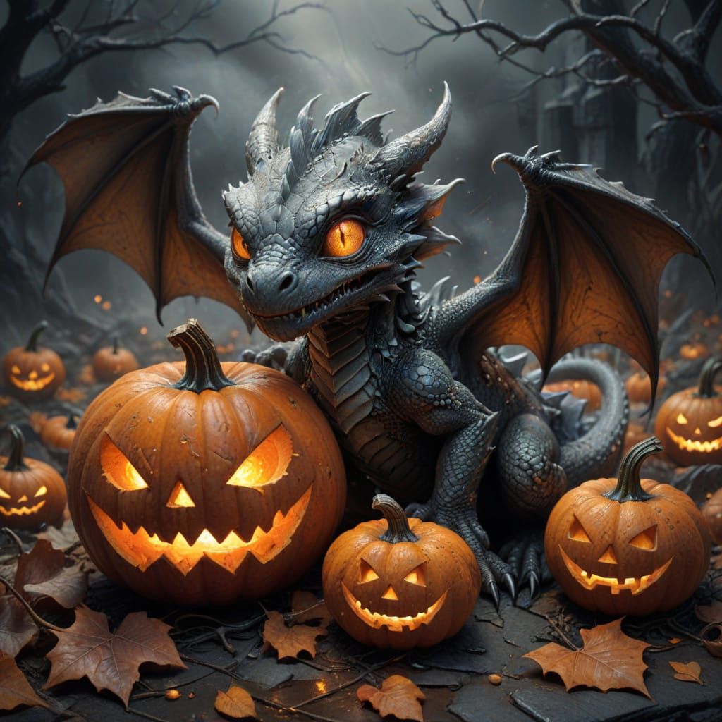 Baby Dragon Emerging From Halloween Pumpkins Graphite Sketch