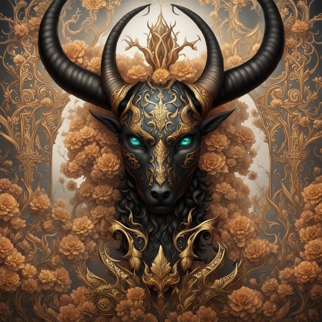 Ornate Tattoo Design of Horned Creature with Runes