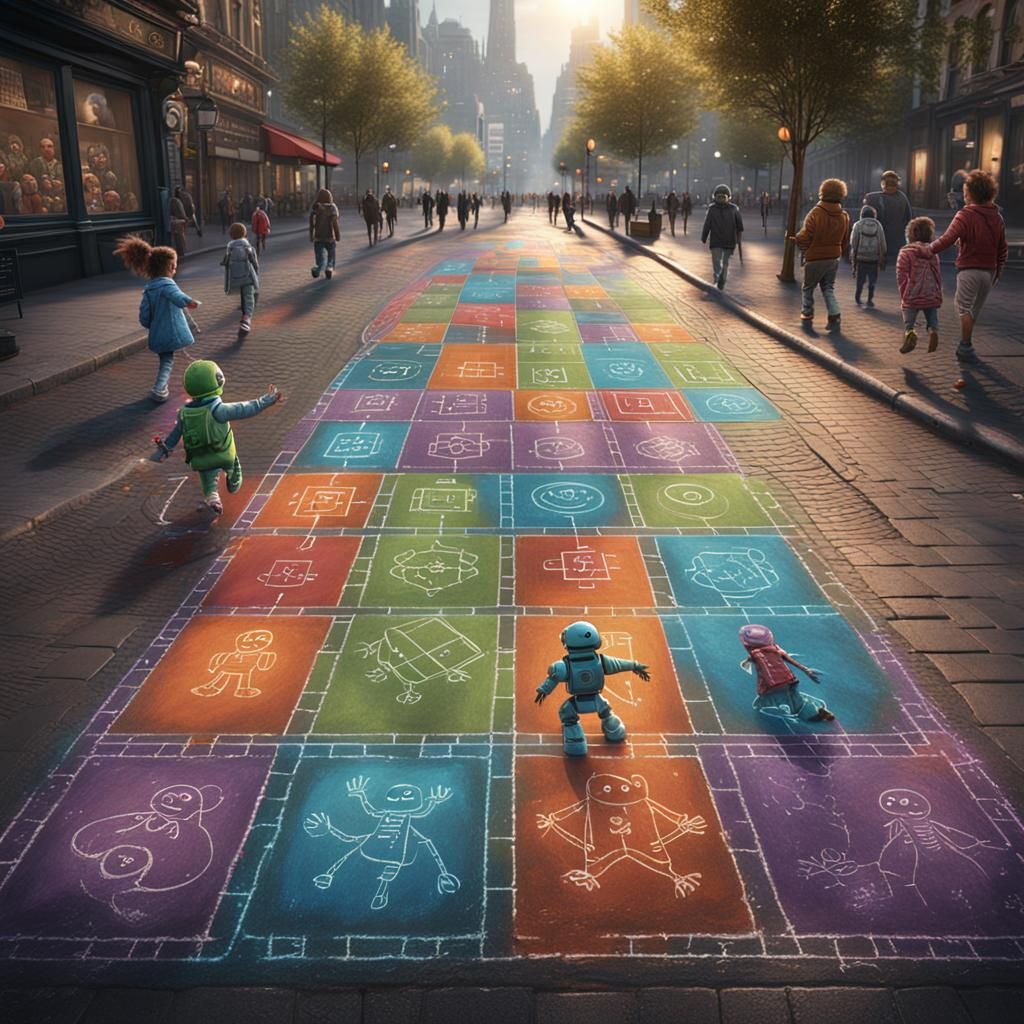 Robot Children Play Hopscotch in Detailed Matte Painting