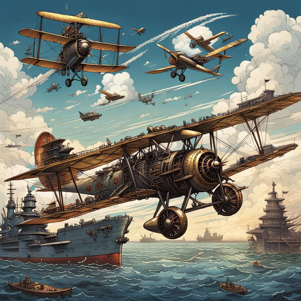 A Steampunk Biplane that is dive bombing a Japanese Aircraft...